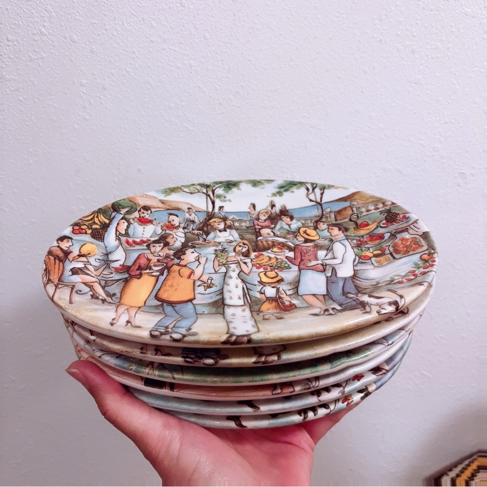 6 Brunelli Italy Salad Appetizer Cheese Party Plates Market Scenes - 8”x 5 3/4”
